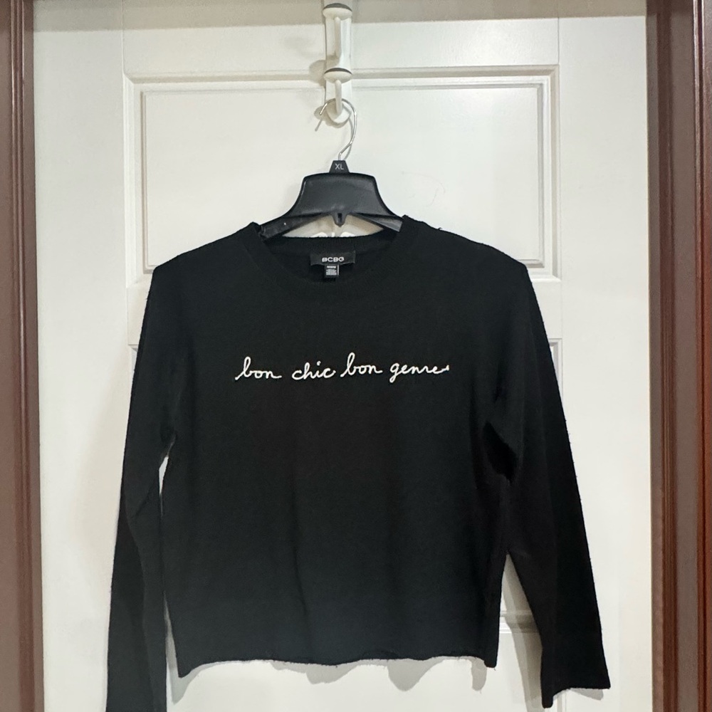 BCBG Black Sweater with White Script - Picture 2 of 5